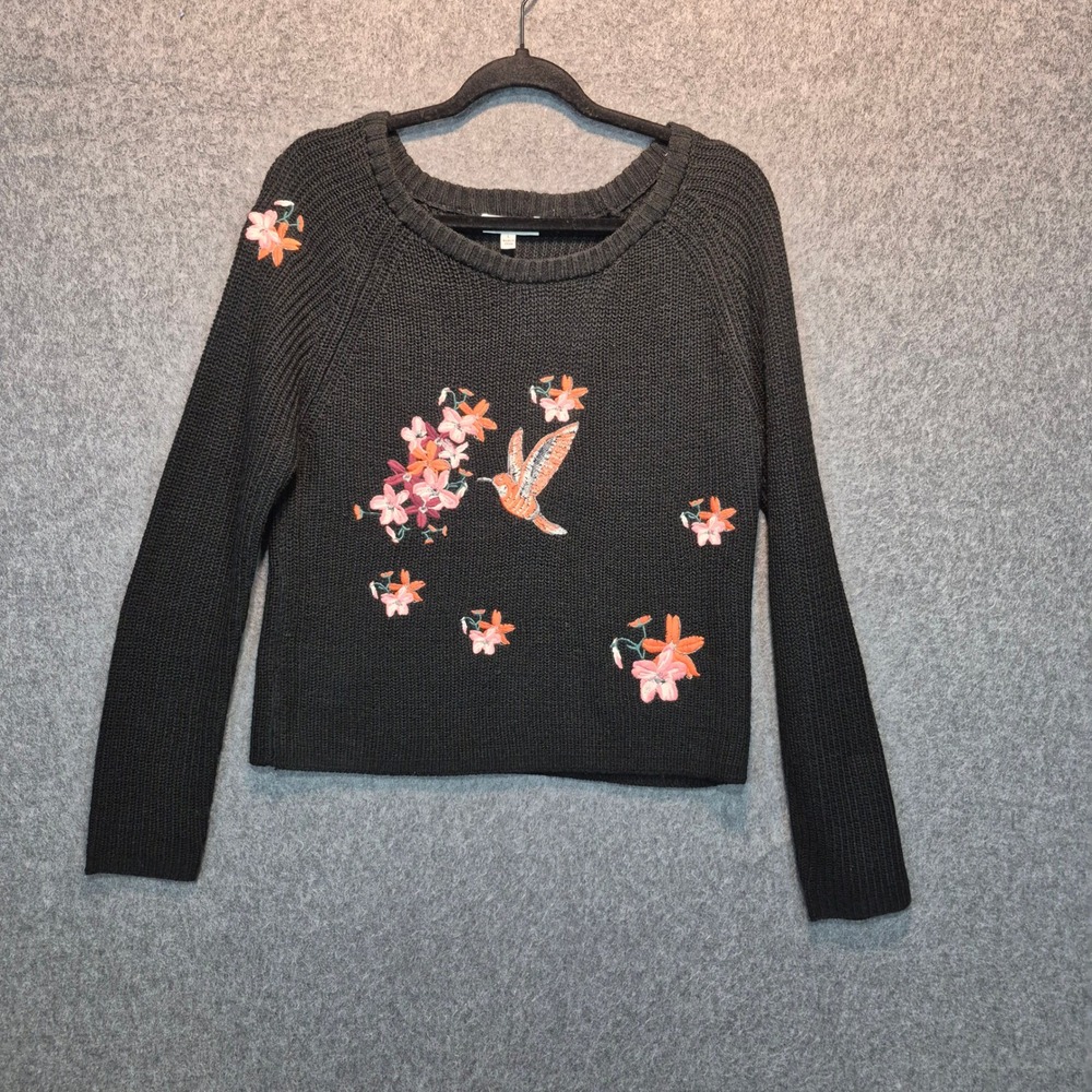 Wyld Hart Embroidered Lrg Sweater With Hummingbirds & Flowers chic cottagecore